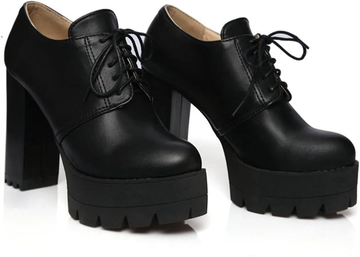 Women's Lace Up Platform Pumps Round Toe Oxfords PU Leather Slip On Block High Heel Dress Shoes
