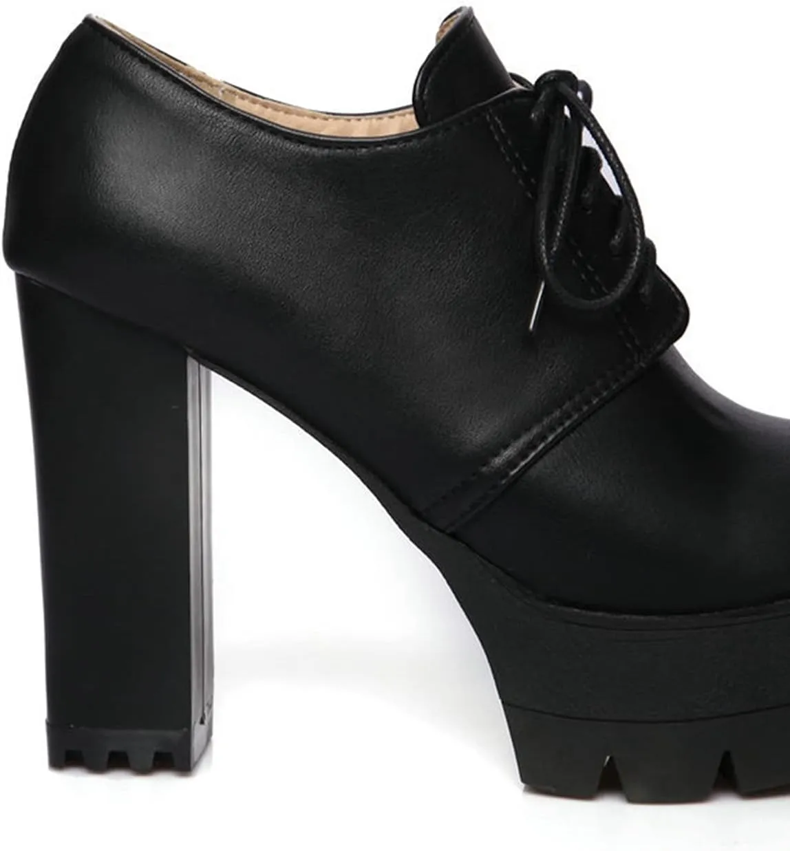 Women's Lace Up Platform Pumps Round Toe Oxfords PU Leather Slip On Block High Heel Dress Shoes