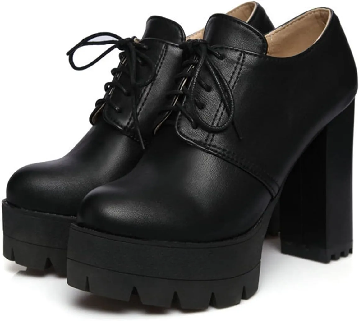 Women's Lace Up Platform Pumps Round Toe Oxfords PU Leather Slip On Block High Heel Dress Shoes