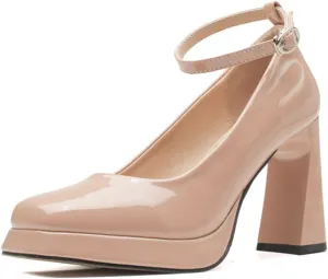 Women's Patent Leather Chunky Heel Dress High Heels Classic Closed Square Toe Block Heel Ankle Strap Mary Jane High Heels for Casual Work Wedding