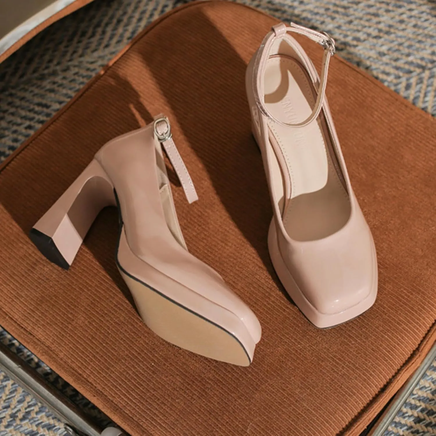 Women's Patent Leather Chunky Heel Dress High Heels Classic Closed Square Toe Block Heel Ankle Strap Mary Jane High Heels for Casual Work Wedding