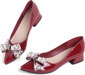 Women's Pumps Low Chunky Block Heel Rhinestone Closed Pointed Toe Comfortable Slip on Work Dress Shoes for Office
