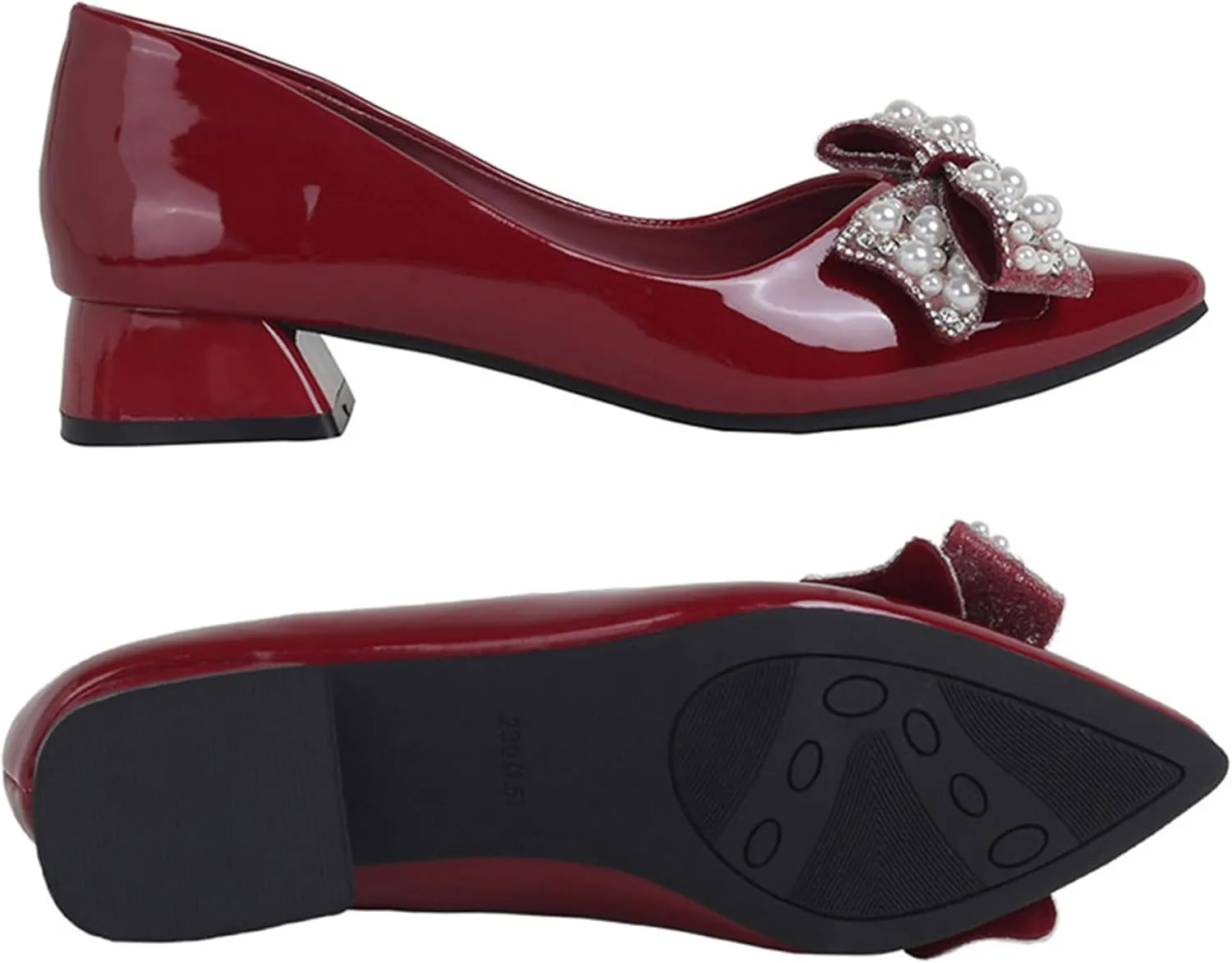 Women's Pumps Low Chunky Block Heel Rhinestone Closed Pointed Toe Comfortable Slip on Work Dress Shoes for Office