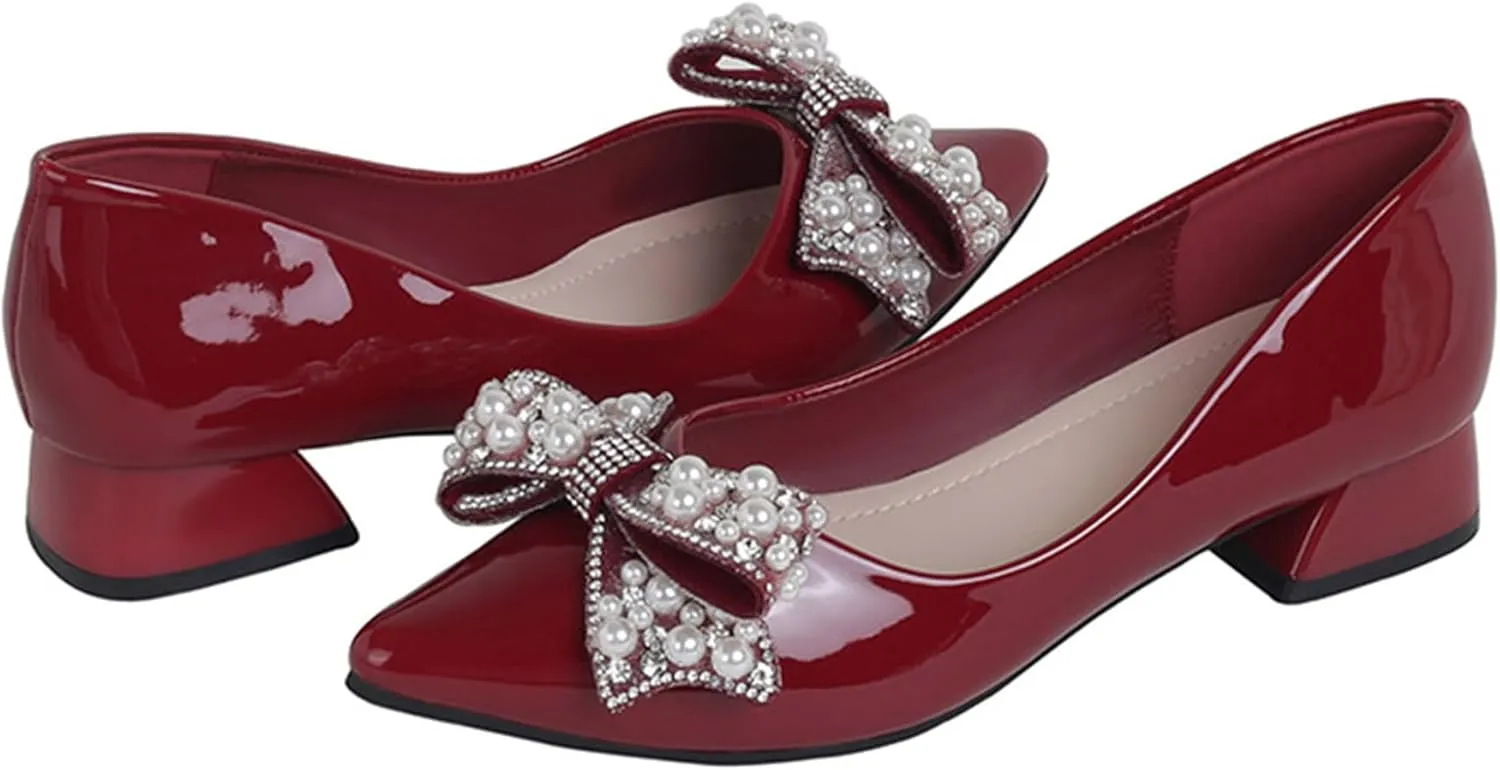 Women's Pumps Low Chunky Block Heel Rhinestone Closed Pointed Toe Comfortable Slip on Work Dress Shoes for Office