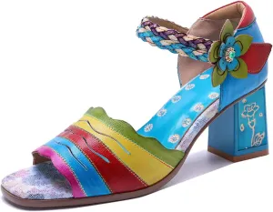 Women's Sheepskin Leather Moccasins - 6.5cm Peep Toe Summer Hook Chunky Heels