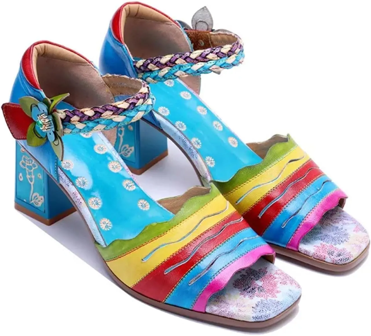 Women's Sheepskin Leather Moccasins - 6.5cm Peep Toe Summer Hook Chunky Heels