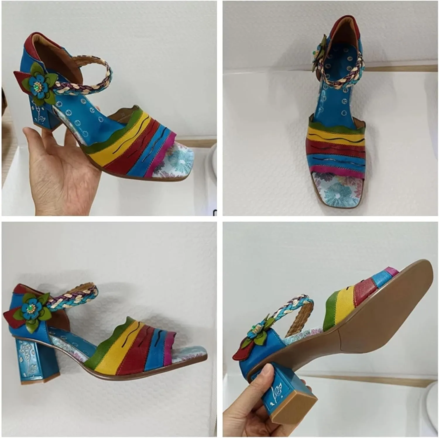 Women's Sheepskin Leather Moccasins - 6.5cm Peep Toe Summer Hook Chunky Heels