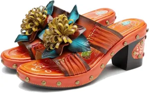 Women's Sheepskin Leather Moccasins - 7cm Big Size Summer Chunky Heels Print Appliques