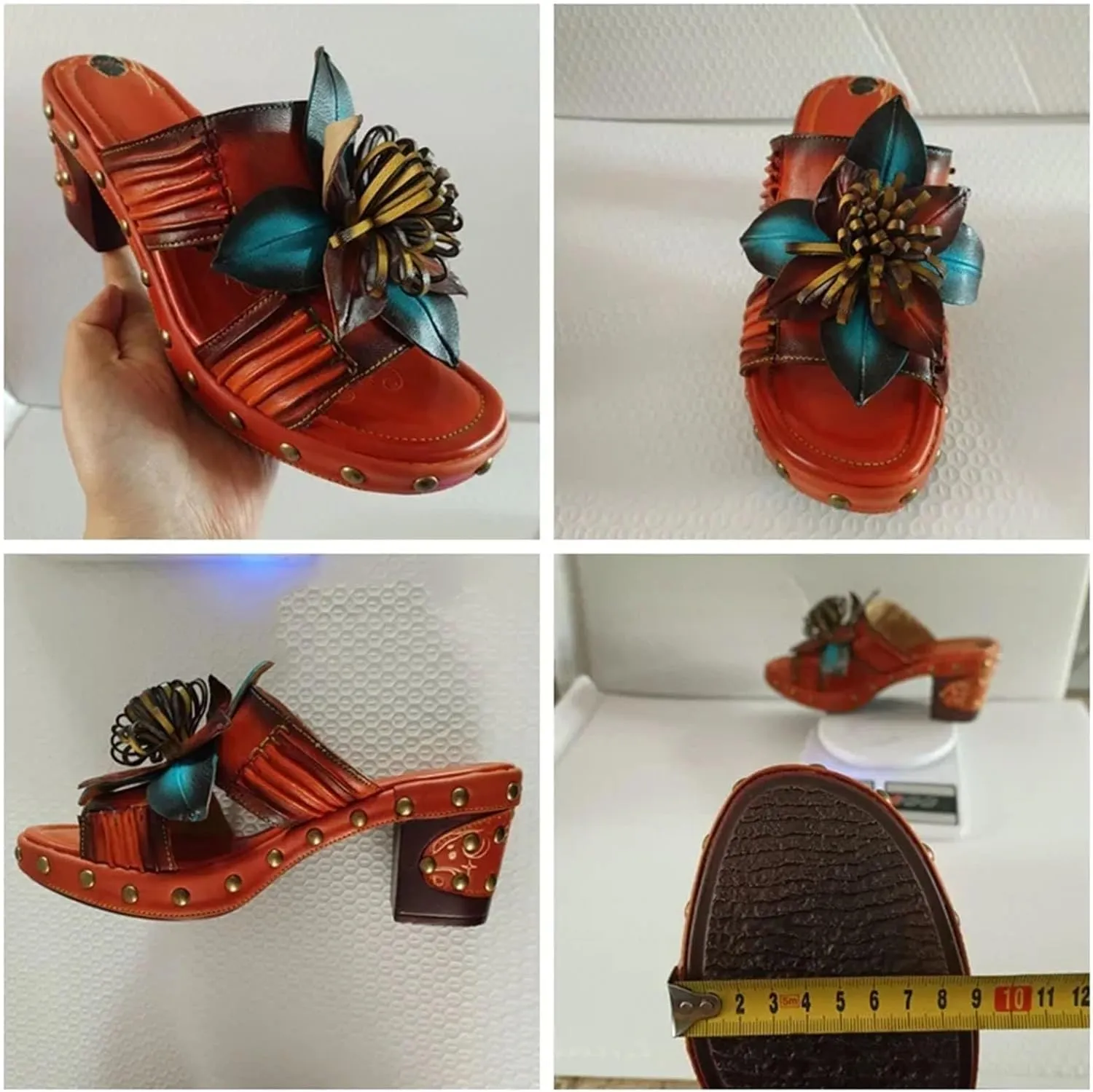 Women's Sheepskin Leather Moccasins - 7cm Big Size Summer Chunky Heels Print Appliques