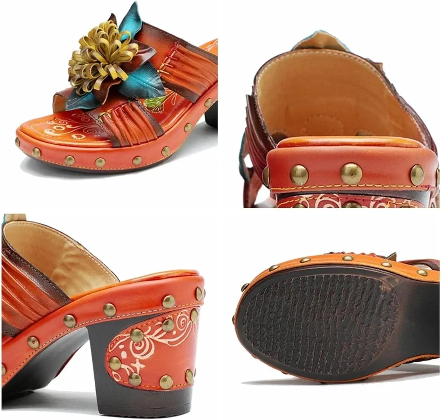 Women's Sheepskin Leather Moccasins - 7cm Big Size Summer Chunky Heels Print Appliques