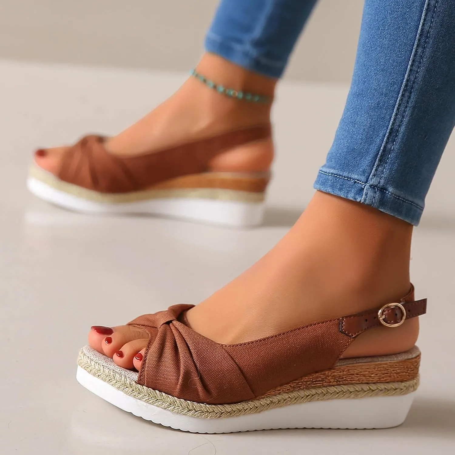 ZSpzx Orthopedic Sandals for Women,2025 Womens Espadrilles Wedge Sandal Comfortable Dressy Summer Open Toe Ankle Strap Platform Slip on Bow Knot Outdoor Shoes for Daily Wear