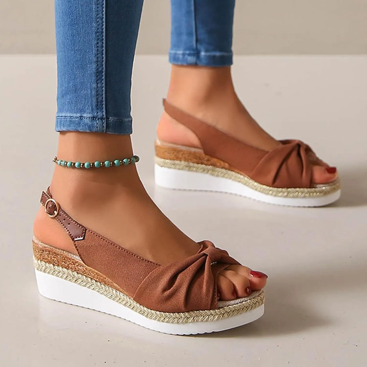 ZSpzx Orthopedic Sandals for Women,2025 Womens Espadrilles Wedge Sandal Comfortable Dressy Summer Open Toe Ankle Strap Platform Slip on Bow Knot Outdoor Shoes for Daily Wear